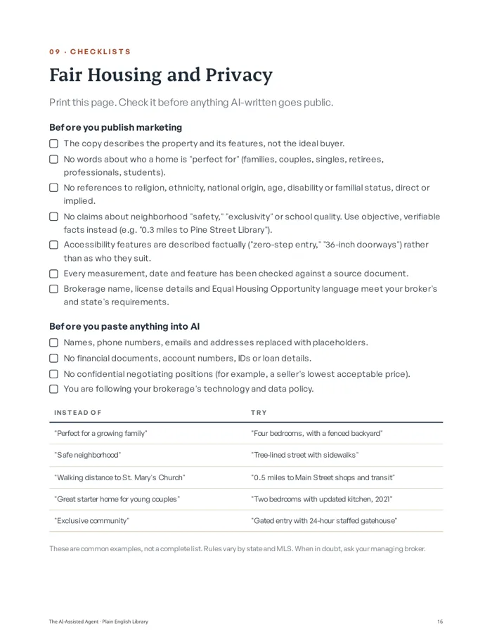 Page 16 of The AI-Assisted Agent: Fair Housing and privacy checklists